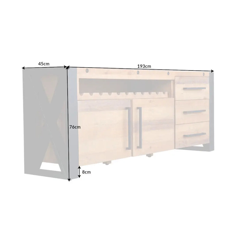 Buffet CAVARA 195 cm – Pino massiccio marrone vintage e metallo nero – 2 porte, 3 cassetti e portabottiglie