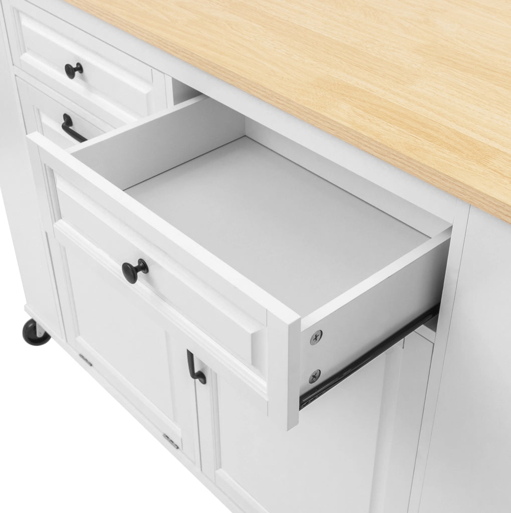 Isola da cucina 120x40-70x92 cm con piano apribile; prese integrate e vano rifiuti; MDF bianco naturale