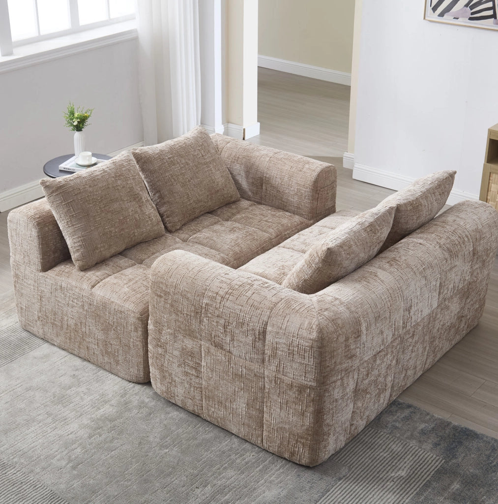 Divano comodo 2 posti in tessuto khaki con chaise longue, cuscino incluso e tasche laterali