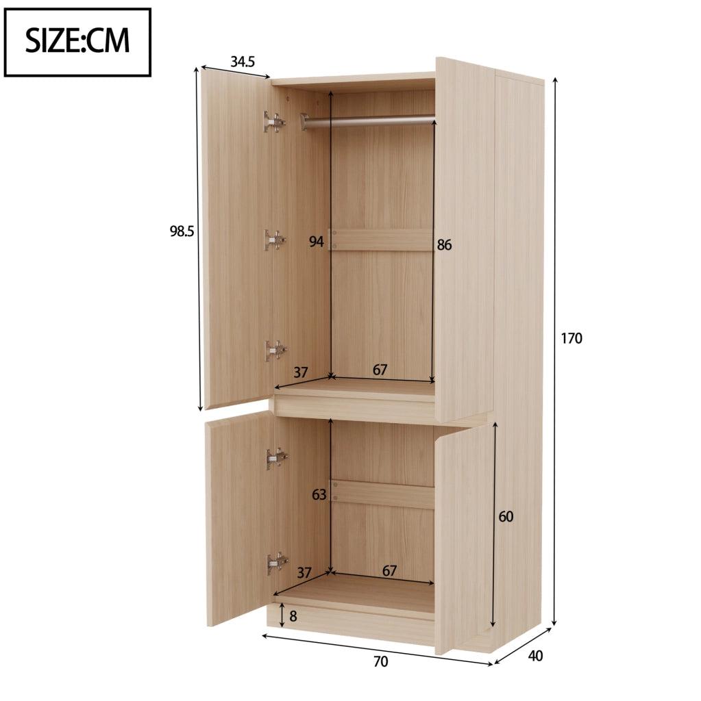 Armadio a due ante 70 x 40 x 170 cm in legno colore naturale; con ampio spazio interno