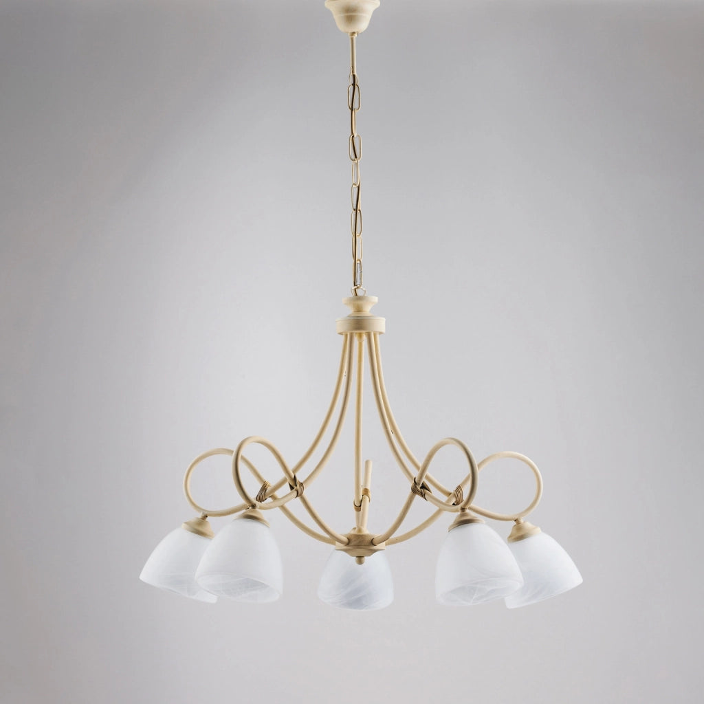 Lampadario 5 Luci Dallas BeLight Ferro Battuto Avorio e Vetro Bianco