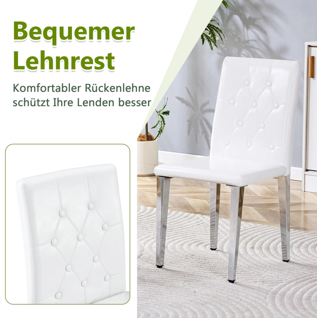 Set di 4 sedie da pranzo in PU bianco con gambe in metallo argento; seduta 42 x 43 cm