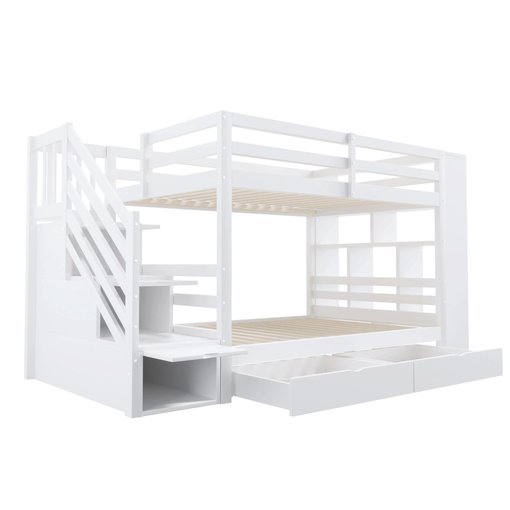 OKWISH Letto a Castello 90×200 cm, Letto Singolo con Scala con Contenitori, 2 Cassetti, Armadietti e Sponde Alte, senza Materasso, Bianco