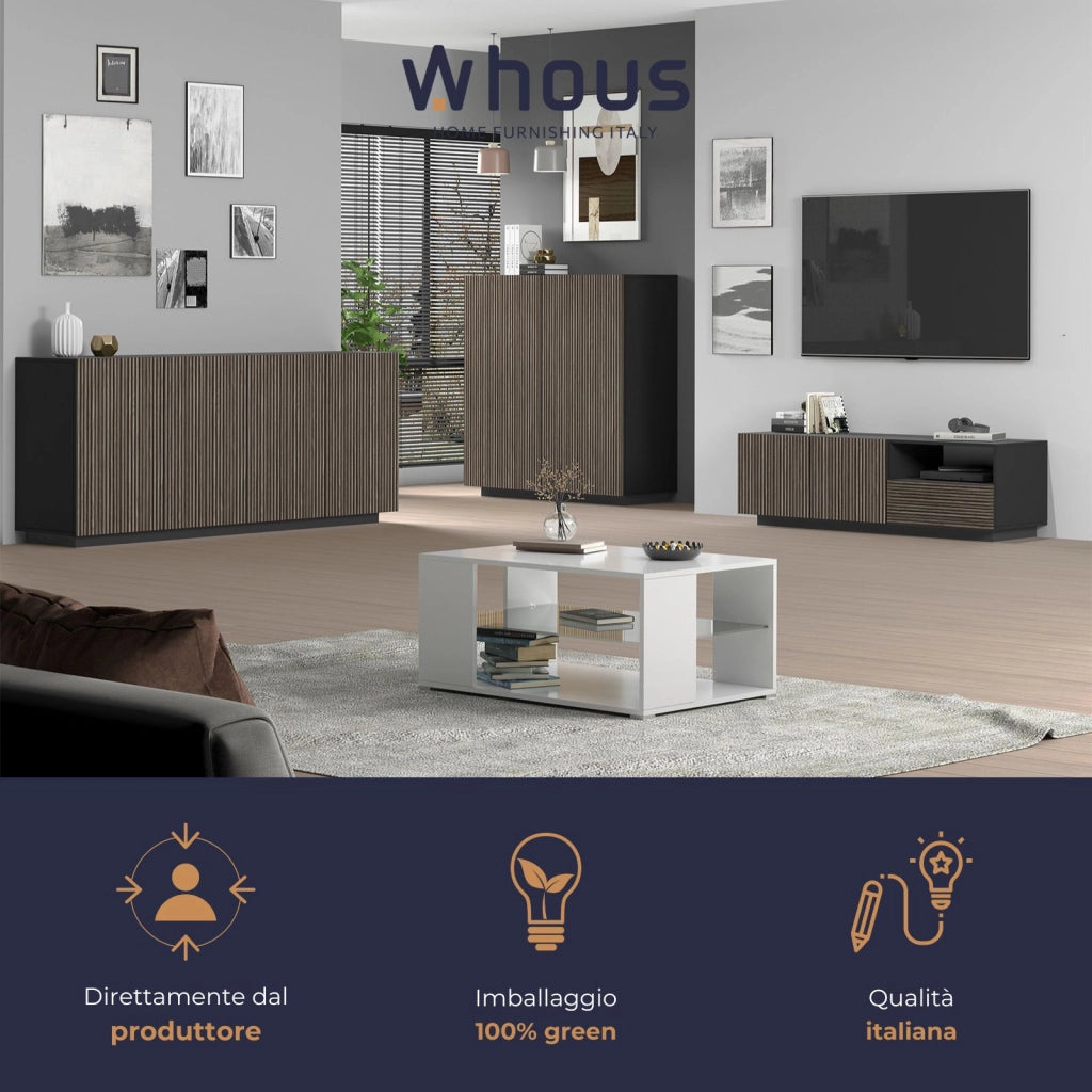 WHOUS Credenza Coste a 4 ante effetto cannetè antracite opaco e legno scuro 200x43x86 cm