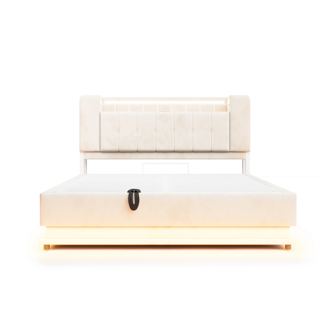 Letto imbottito 160x200 con contenitore idraulico; LED e porte USB; velluto beige