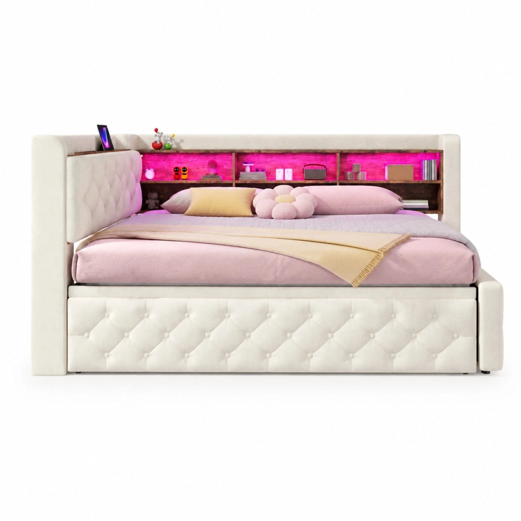 Divano letto estraibile 90x190 cm in velluto beige con LED; USB e Type-C