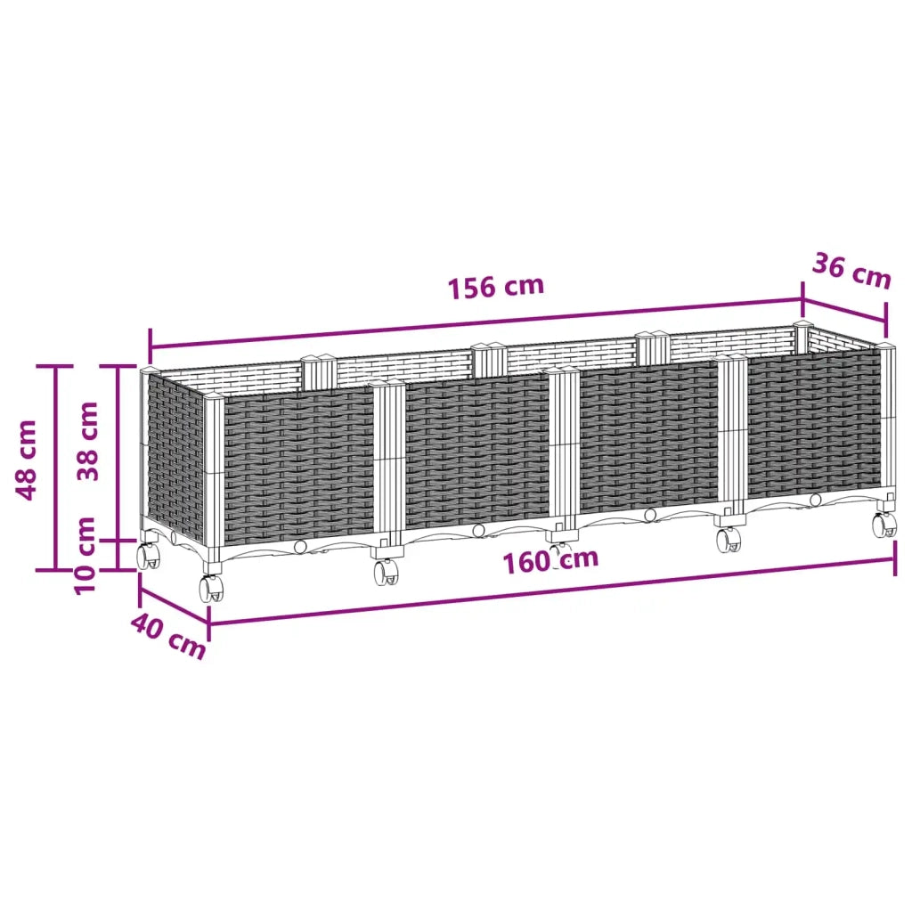 Vaso da Giardino con Ruote Nero 160 x 40 x 48 cm PP 3423134