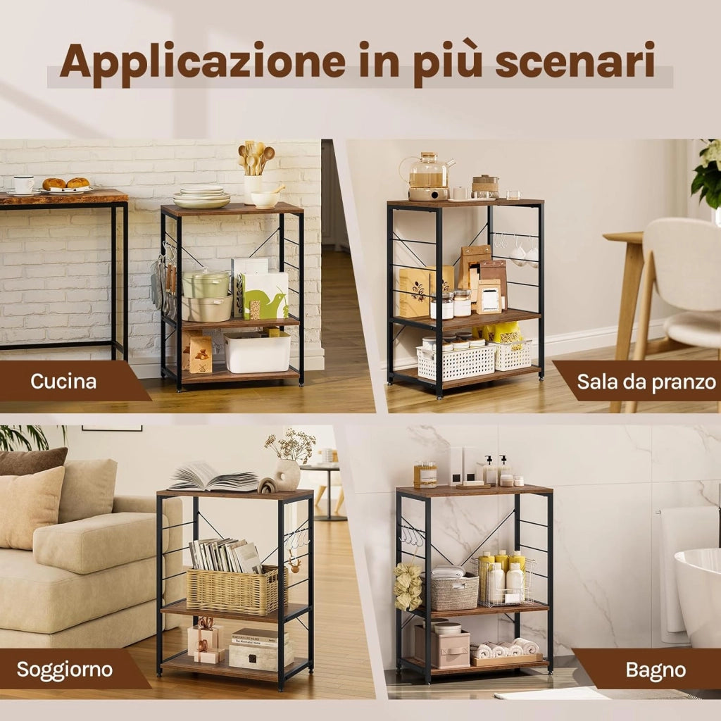 Scaffale per Cucina Carrello per Microonde Forno a 3 Ripiani in Metallo e Legno Scaffalature Fioriera Multiuso, Effetto Legno Vintage