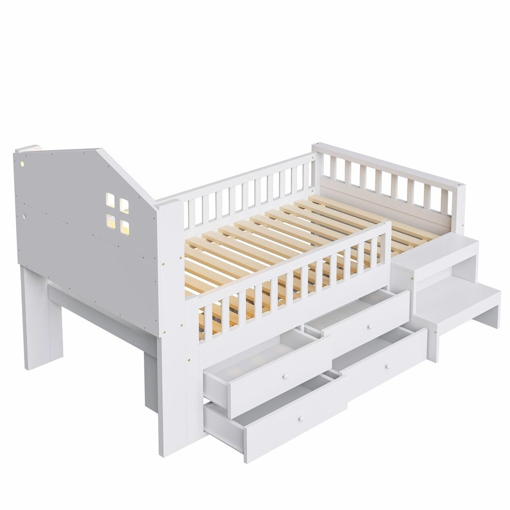 Letto Singolo per Bambini con LED, Cassetti e Rete a Doghe ¨C MINIMAL ¨C Bianco 90x200