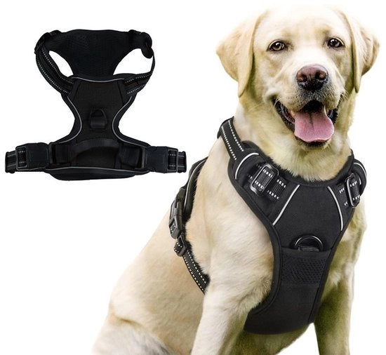Harnes senza tirare per cani - Giacca per cani adattabile e imbottita - Collare per cani con maniglione e clip frontale - Riflettente e duraturo - Collare anti-tirare per addestramento e passeggiate - Nero - S