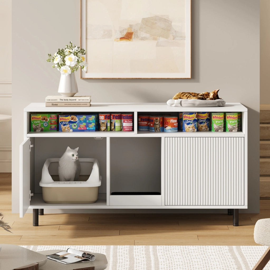 Mobile per lettiera per gatti con 2 ante e ripiani aperti, tappetino raccogli-sabbia, in MDF, bianco, 120 × 50 × 66 cm