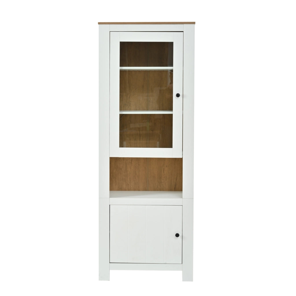 Vetrina alta con 2 ante, 6 ripiani e LED, per soggiorno, in pannello truciolare e vetro, bianco, 70 × 40 × 188 cm