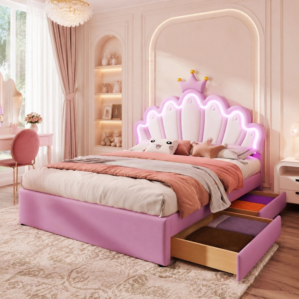 LETTO imbottito 140x200 cm in PU rosa con 2 cassetti e testiera regolabile
