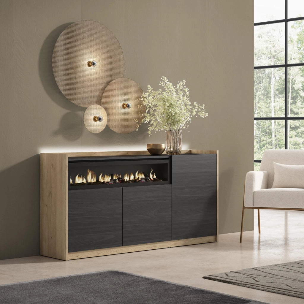 Credenza, Mobile, Cucina, 156x80x37 cm, 3 Porte, Camino elettrico, LED, Nero e rovere