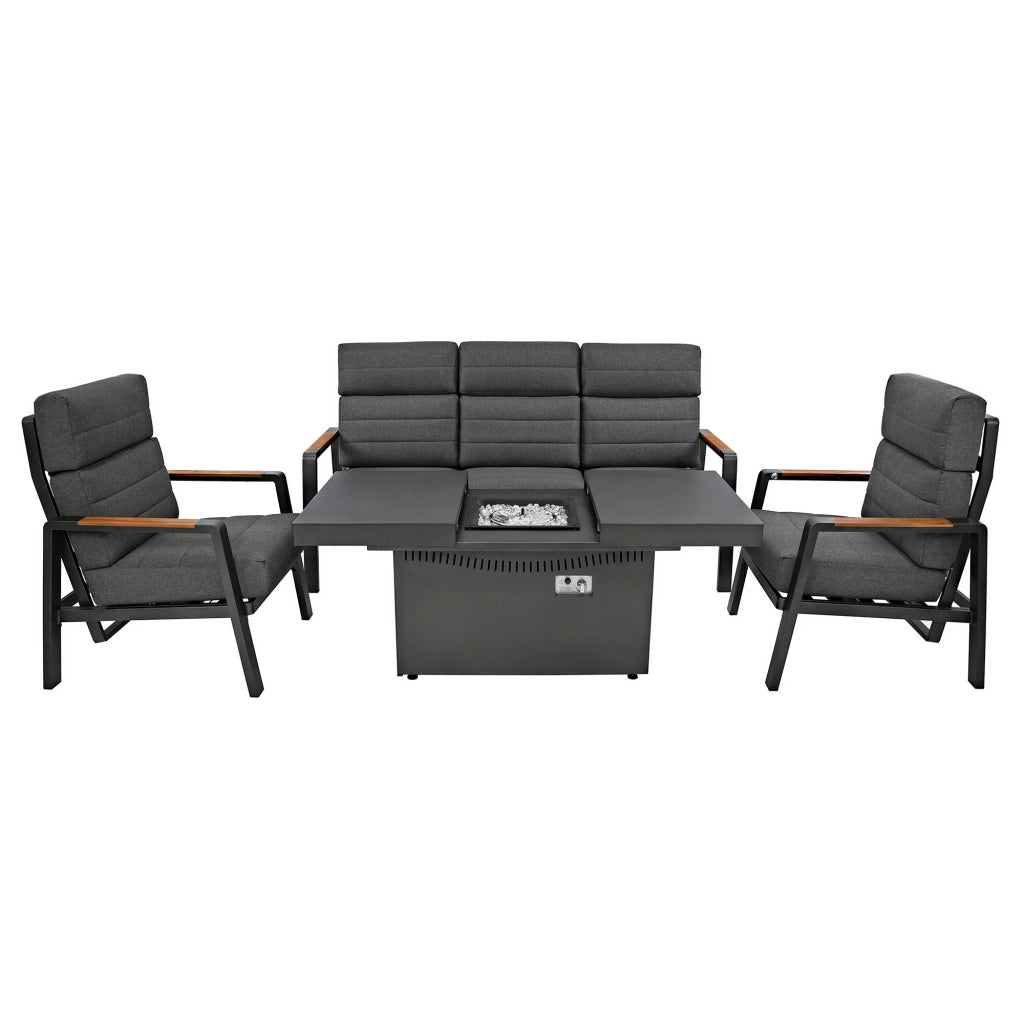 Set Giardino Alluminio 5 Posti Divano Poltrone Reclinabili Tavolo Braciere