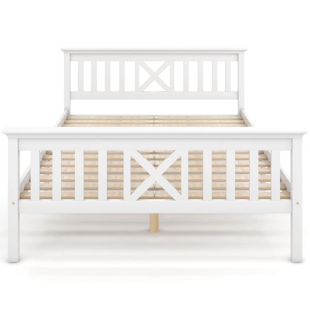 Letto Matrimoniale 140 x 200 cm con Testiera a X e Doghe Integrate; senza Materasso; in Legno Massello; Bianco