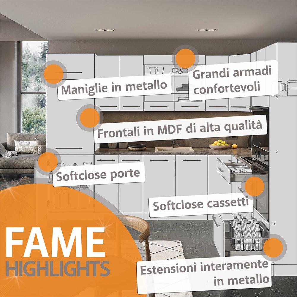 Cucina componibile Fame-Line Bianco lucido/Antracite 280 cm, PL Rovere Vicco