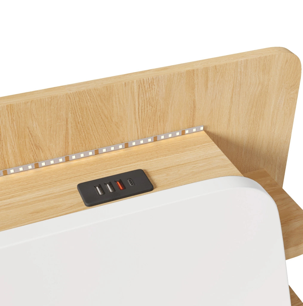 Letto contenitore ULEVR 140x200 cm con sollevamento idraulico, LED, USB e Type-C, bianco e naturale