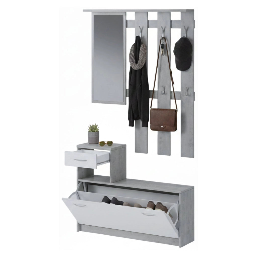 Mobile da ingresso Dazio, Entratina moderna con specchiera, Mobile con scarpiera, Mobile svuotatasche, Cm 100x25h180, Bianco e Cemento