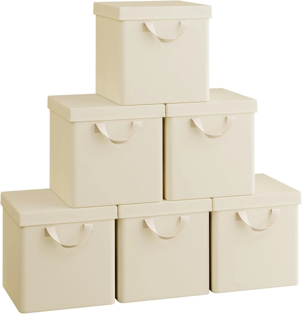 Scatole Contenitori Pieghevoli Set di 10, Cubi in Tessuto con Manico, Coperchio e Struttura in Metallo, Organizer per Armadio e Scaffale, Crema, 27x27x27cm