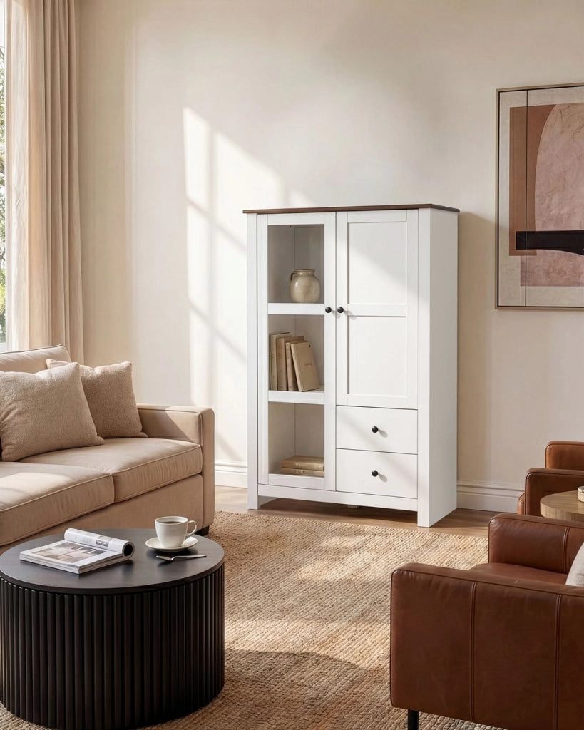 Vetrina bianca in MDF, 80 cm, vetrina alta con ante in vetro e cassetti, stile rustico-country