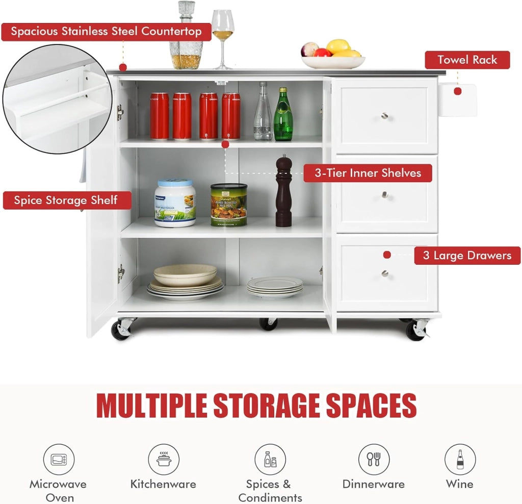 Isola da cucina mobile con piano di lavoro in acciaio inox, carrello da cucina con 3 cassetti e portasciugamani e ripiano regolabile, mobile da cucina su ruote, carrello da cucina 135 x 45,5