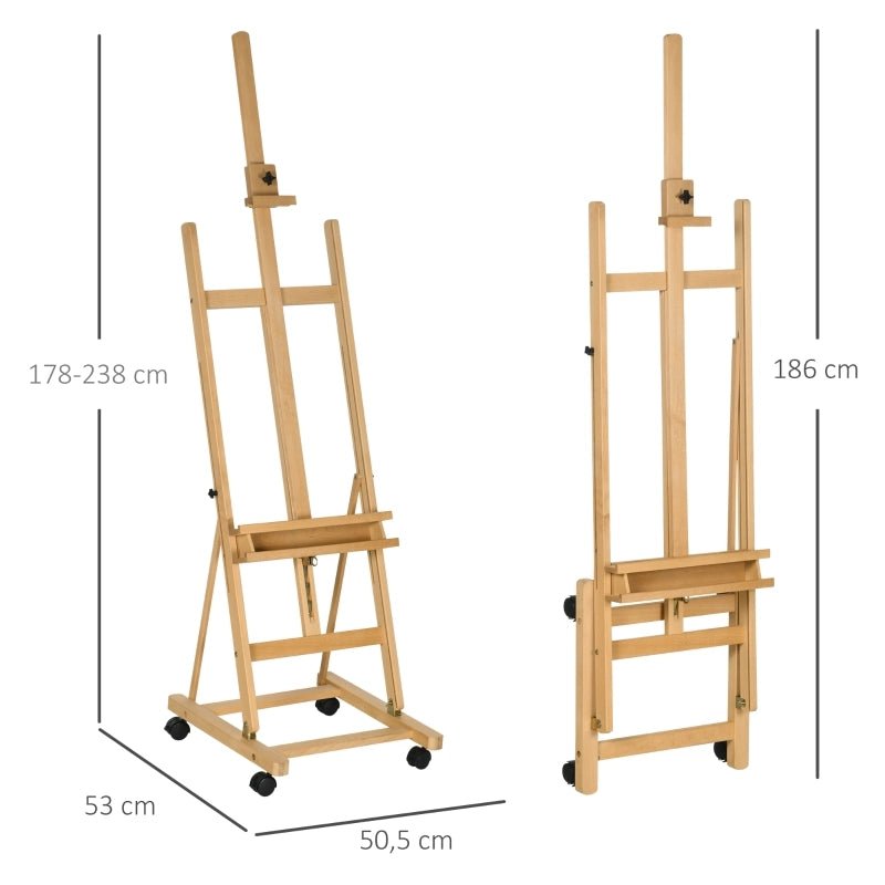 Cavalletto per artisti in legno di faggio, regolabile in altezza, con 4 ruote, colore naturale