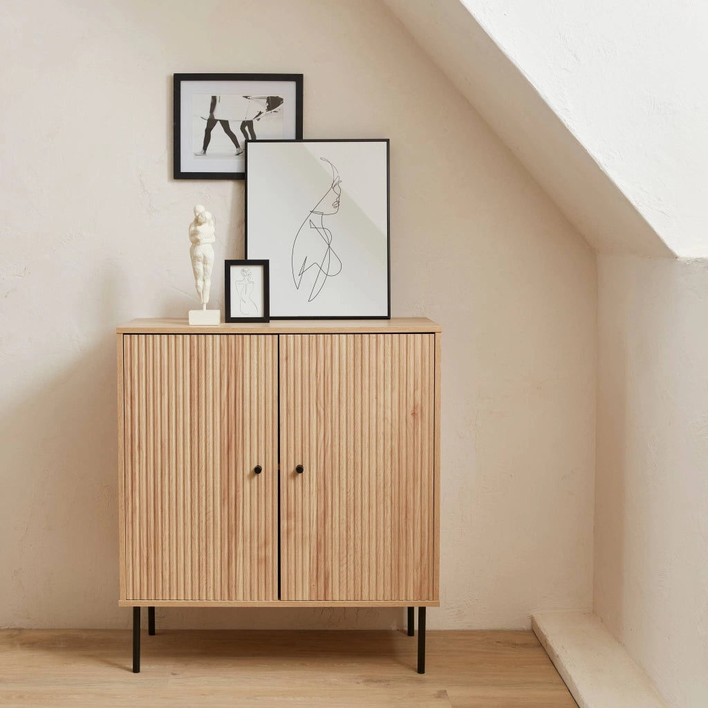 Credenza scanalate effetto legno a 2 ante, 83.5cm, marrone naturale