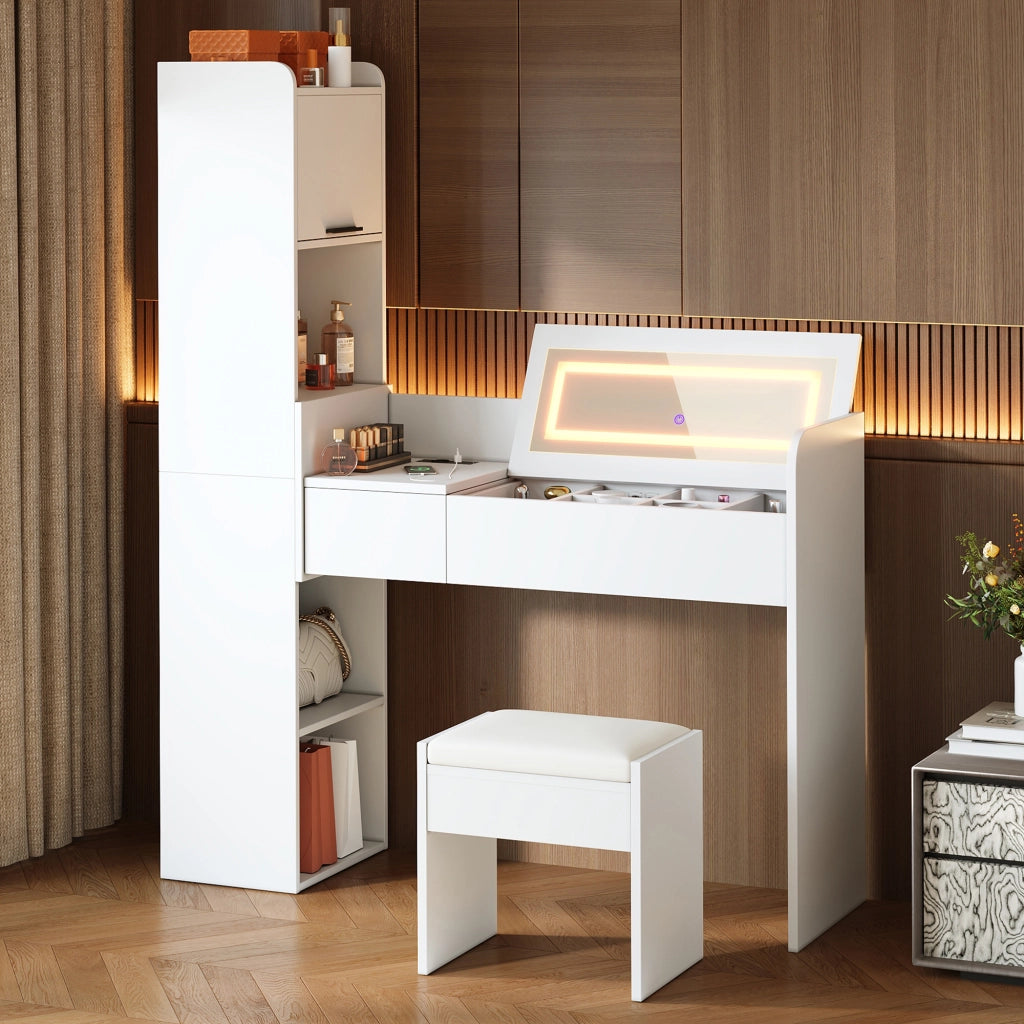 Toeletta con specchio LED pieghevole tre luci USB armadio laterale e sgabello bianca 131 × 40 × 160 cm