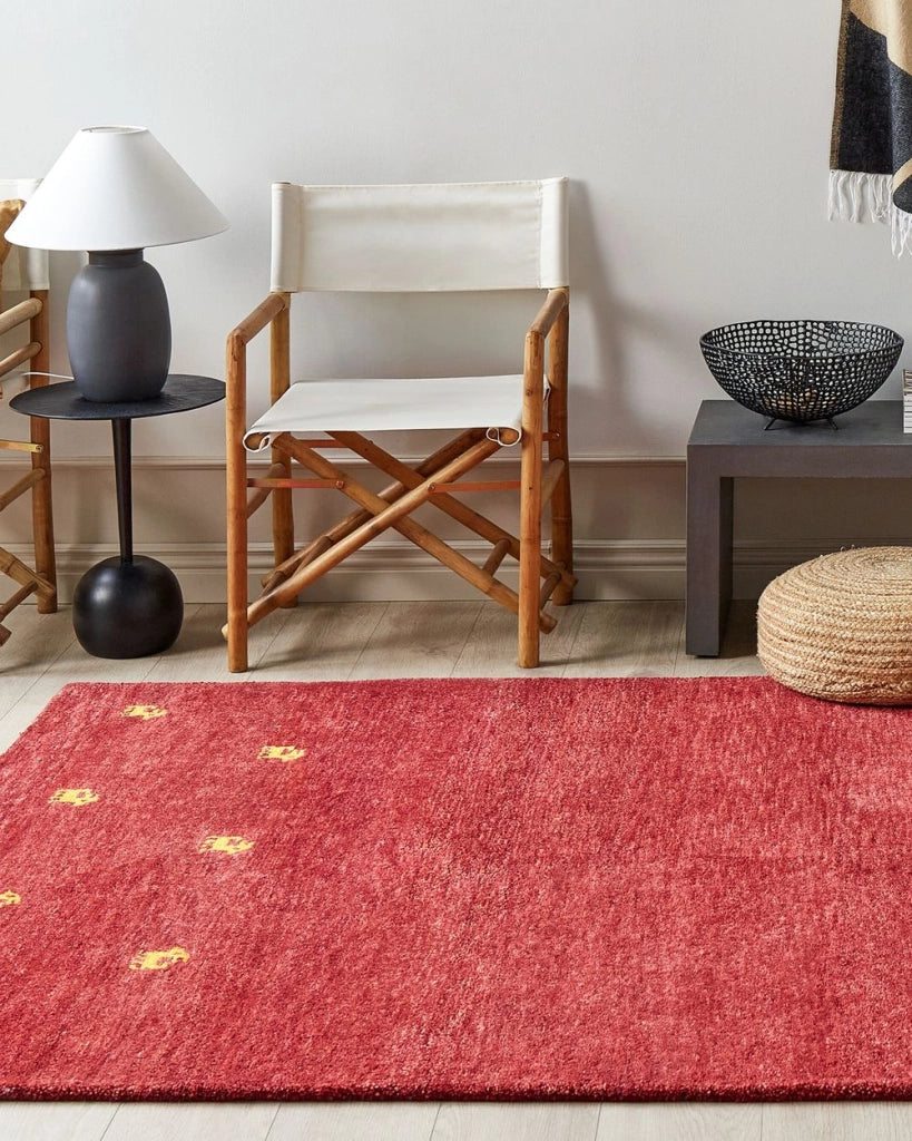 Tappeto Gabbeh di lana rossa fatto a mano con motivo animale 160 x 230 cm stile boho soggiorno camera da letto