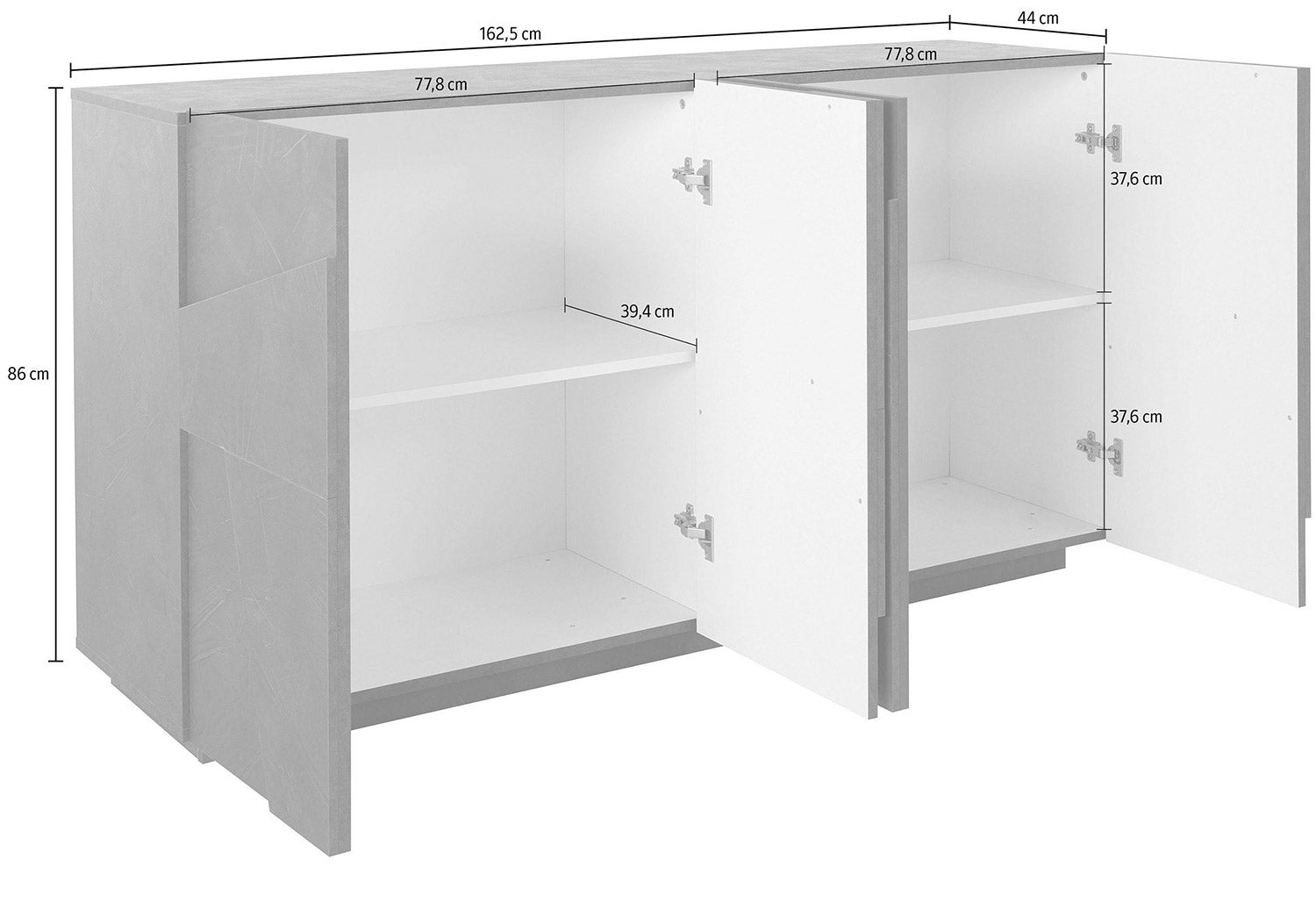 Credenza 4 Ante Battenti 162,4x44,2x86 cm Ping Bianco Lucido