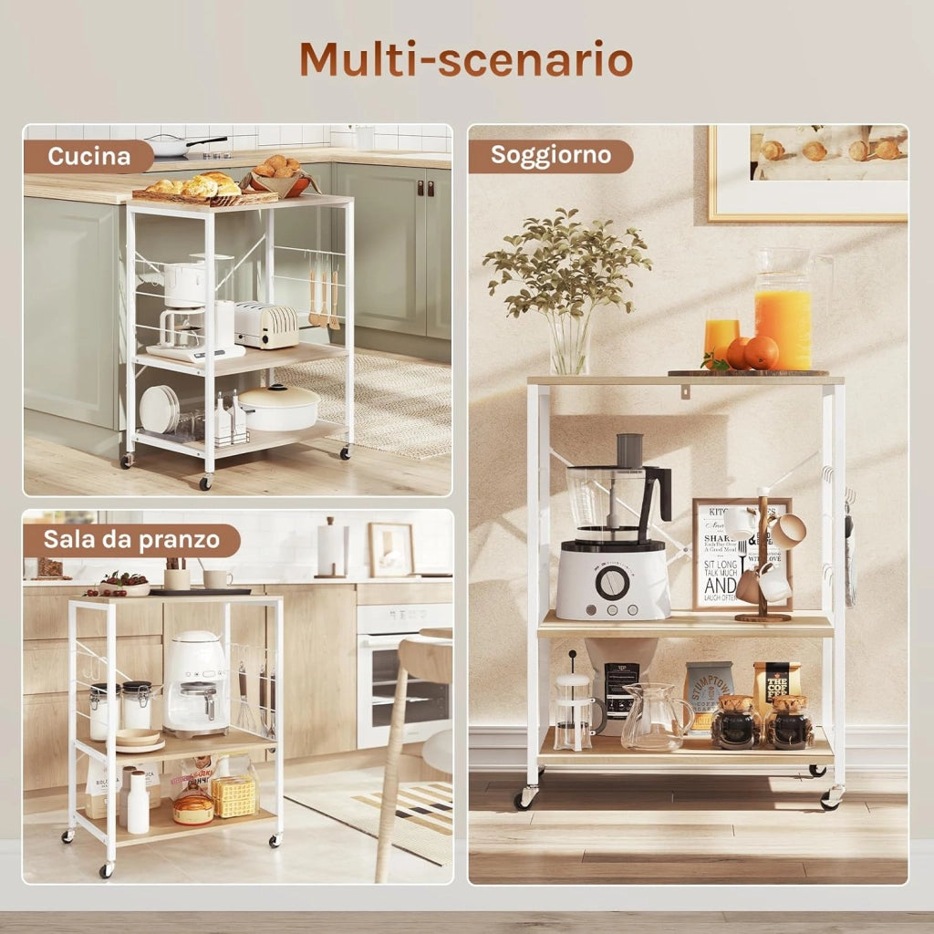Scaffale da Cucina con Ruote, Carrello Cucina a 3 Livelli, Scaffale per Microonde con 4 Ganci, Carrello da Bar con Struttura in Metallo, Bianco + Effetto Legno, 60x40x82,5 cm