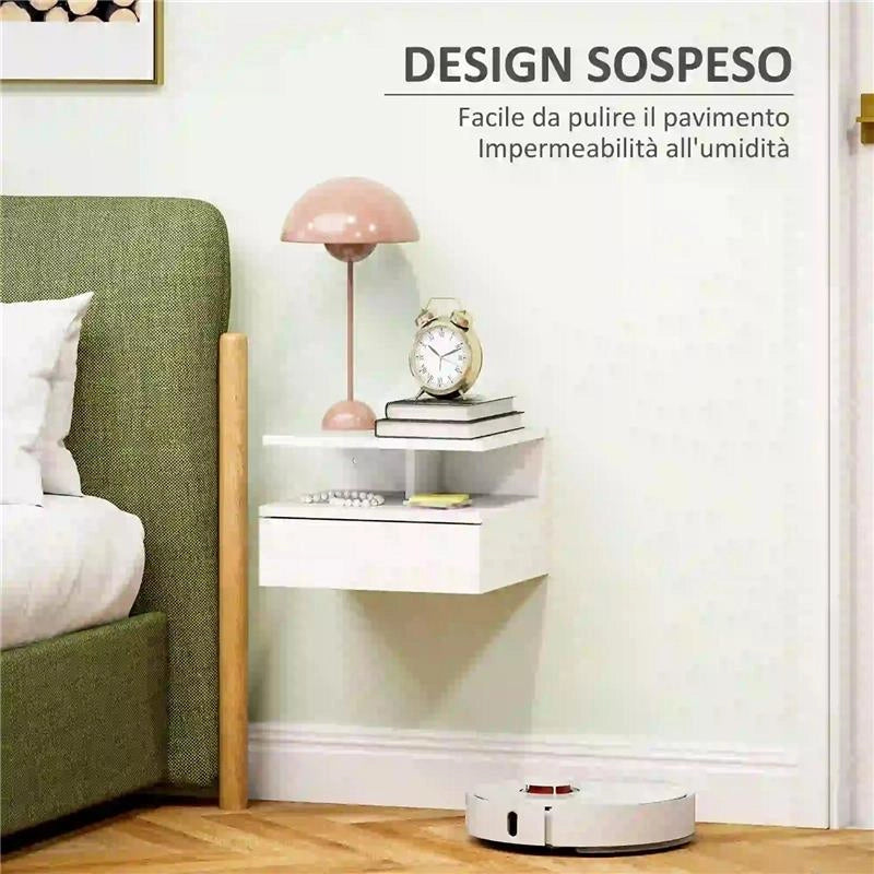 COMODINO SOSPESO PER CAMERA DA LETTO CON CASSETTO E MENSOLA IN LEGNO 35X32X22.5 CM BIANCO