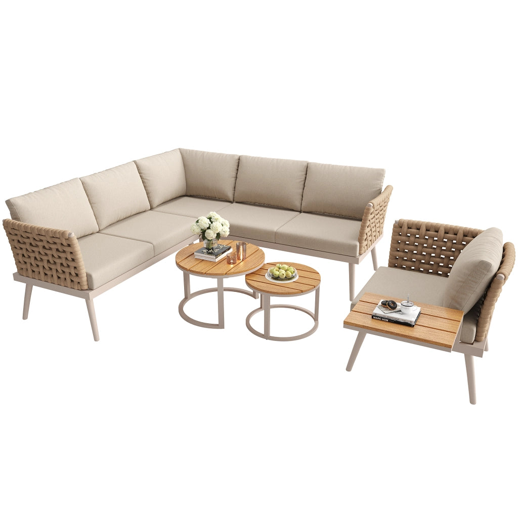 Salotto da Giardino con 2 Divani; Poltrona e 2 Tavolini; Cuscini Inclusi; Ferro; Beige