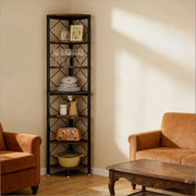 Scaffale angolare slim a 7 ripiani per piccoli spazi, design salvaspazio in metallo e legno, colore Nero/Marrone