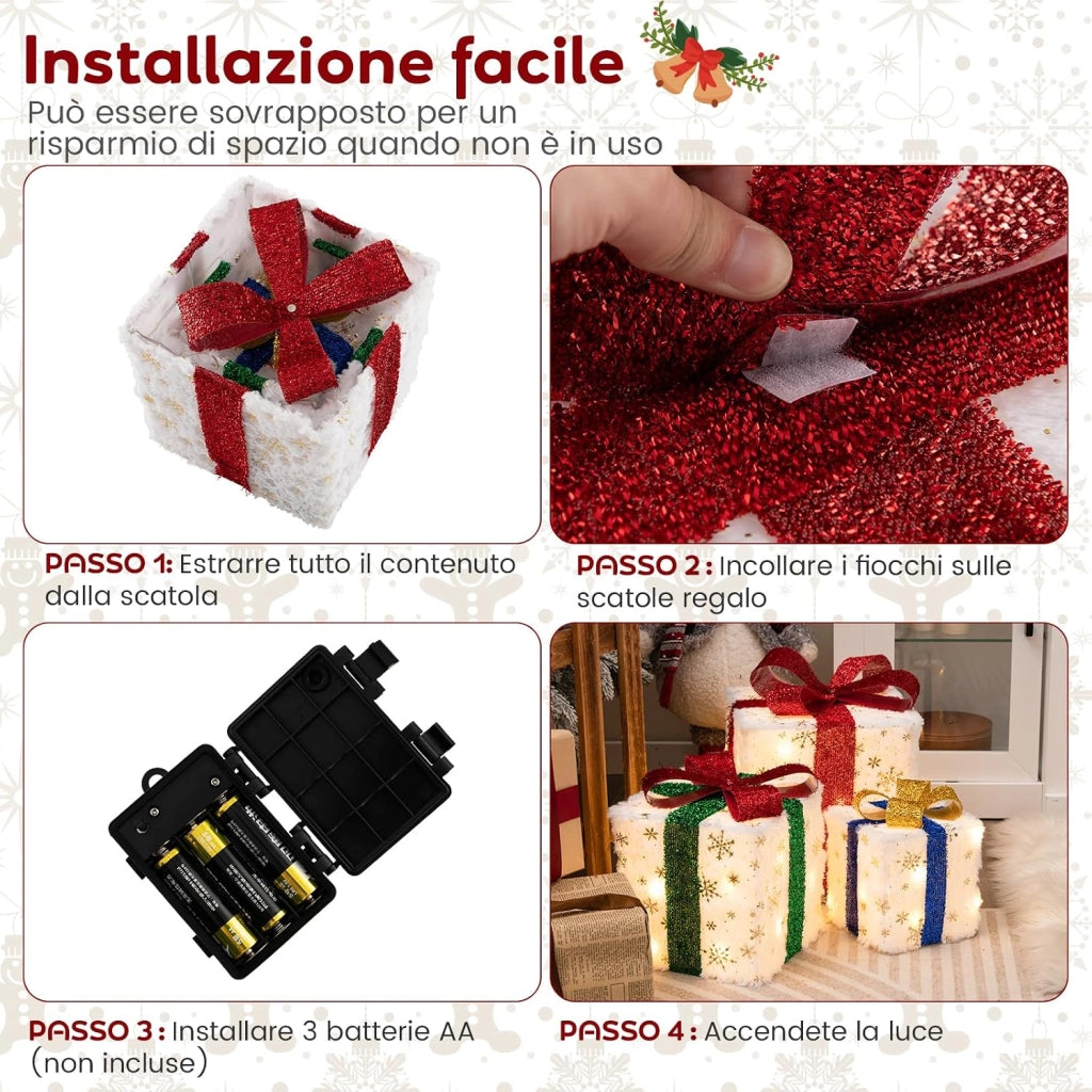 Set di 3 Scatole Regalo Illuminate per Natale, Decorazione Natalizia Pre-illuminata con 48 Luci Calde e Luminose, per Casa e Giardino (Bianco)