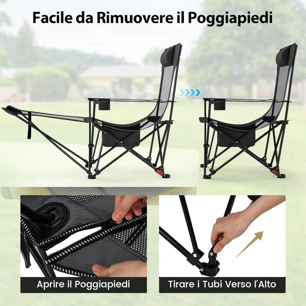 Sedia da Campeggio con Poggiapiedi Rimovibile, Poltrona Pieghevole con Schinale Reclinabile, Braccioli e Portabicchieri, Portata 150 kg, Sdraio in Testtuto Oxford per Giardino Spiaggia(Grigio)