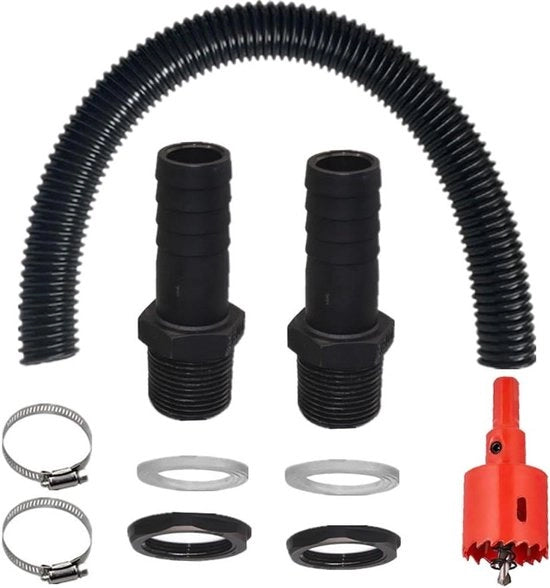 Kit di connessione per barili di pioggia - 1 m di tubo, 2 supporti di tubo, 2 anelli di sigillatura, 2 viti di tubo, apripunch per fori