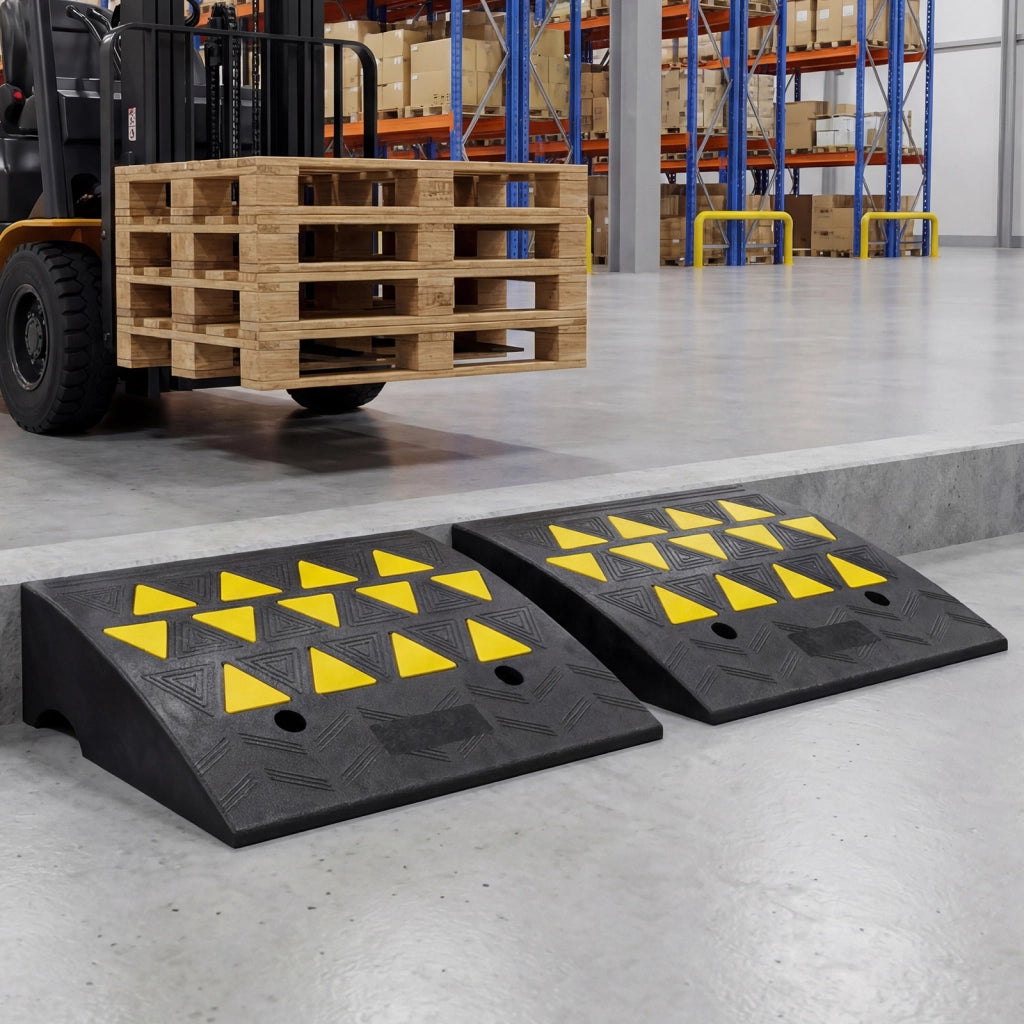 Set di 2 rampe per soglia con strisce riflettenti triangolari gialle e fori di drenaggio, Rampa per marciapiede in gomma antiscivolo altezza 16 cm