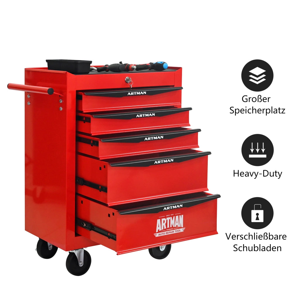 Carrello portautensili con 5 cassetti e ruote piroettanti, bloccabile, per garage, in acciaio, rosso nero 60 × 33 × 77,5 cm