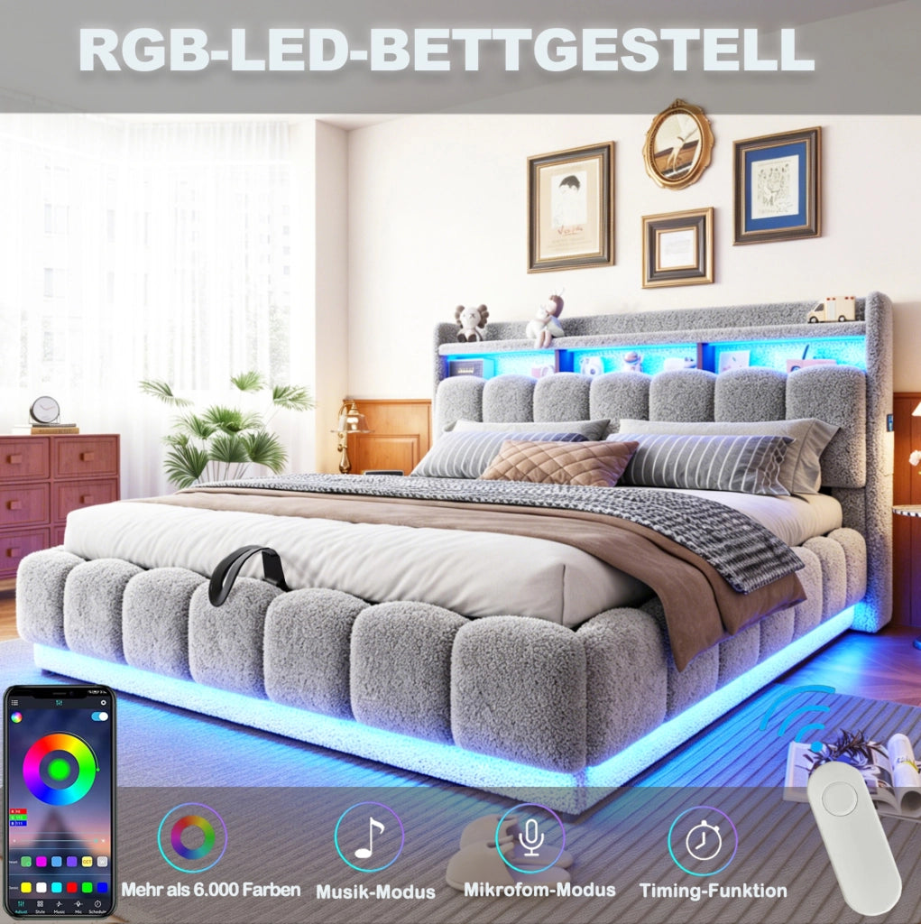 Letto matrimoniale 180x200 cm con contenitore idraulico; LED e USB; grigio