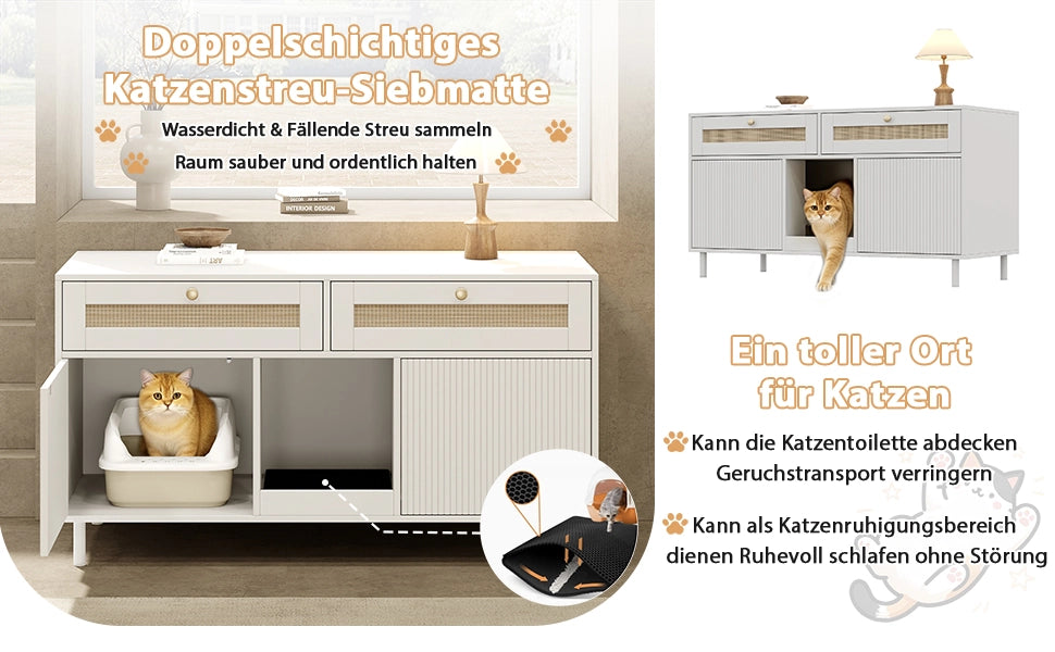 Mobile coperto per lettiera per gatti con 2 ante e cassetto, per soggiorno e ingresso, in MDF bianco 120 × 50 × 65 cm