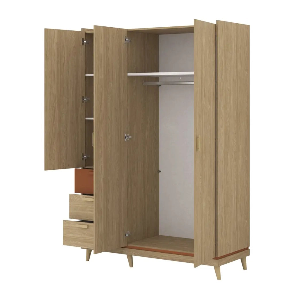 Set camera NOKI – Letto 160x200 + armadio 3 porte + cassettiera + comodino – Rovere chiaro e moka stile scandinavo