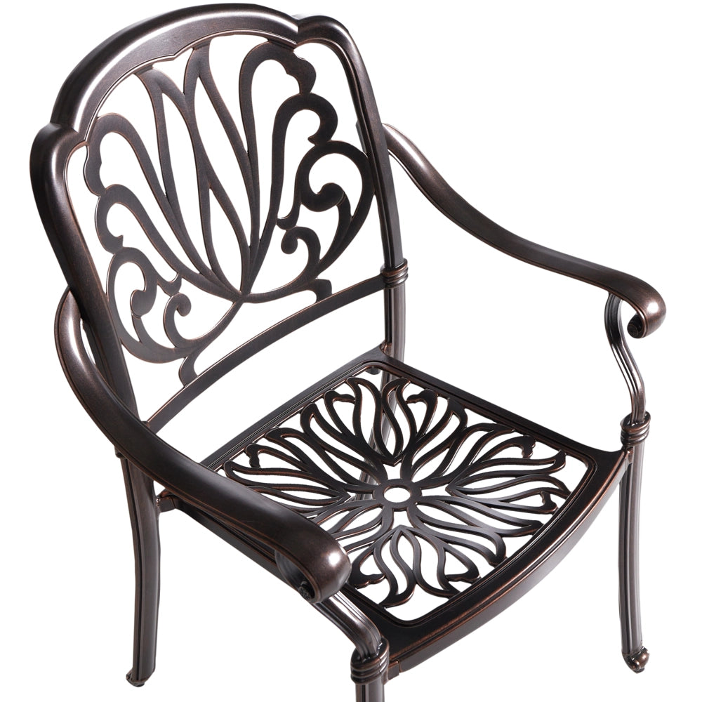 Set di 4 sedie da pranzo da giardino in alluminio marrone con cuscini da esterno vintage