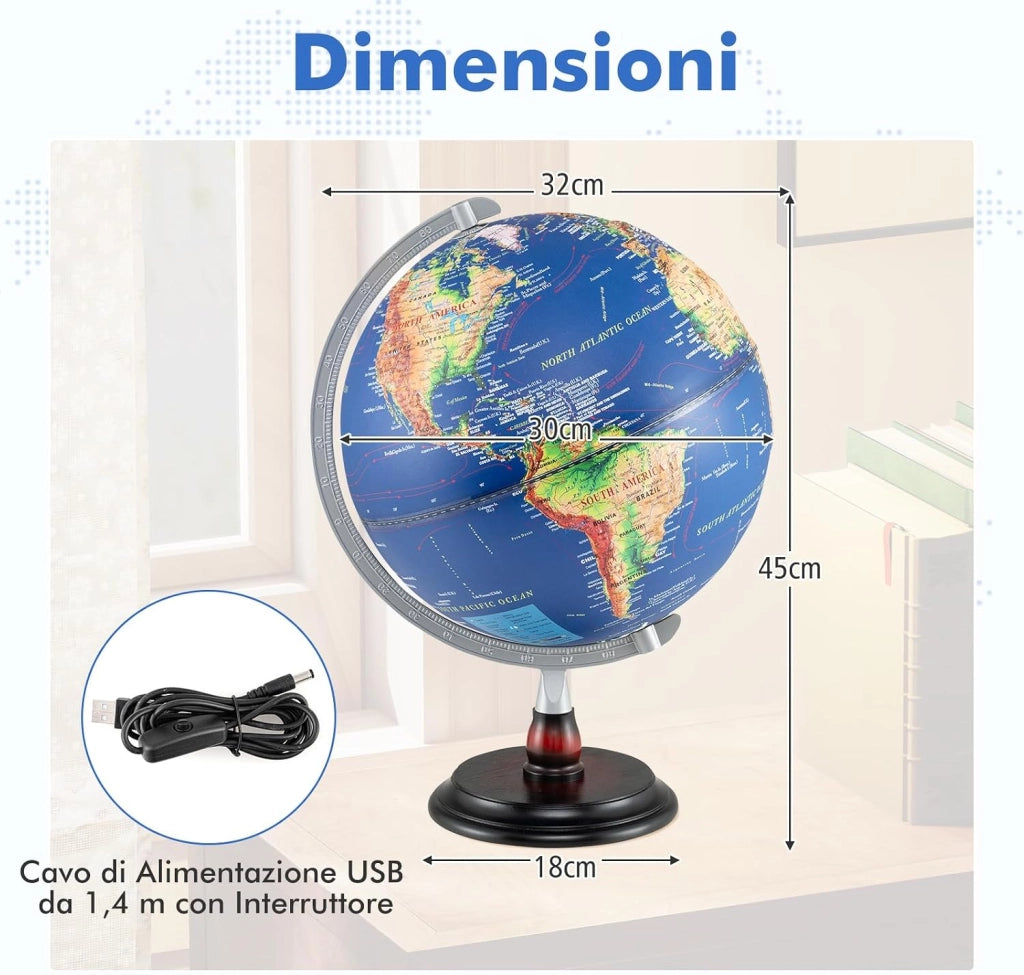 COSTWAY Mappamondo con Luce, Globo Terrestre Illuminato da 30 cm, Supporto in Legno, Decorazione Educativa in l’Inglese, per Casa, Ufficio e Scuola