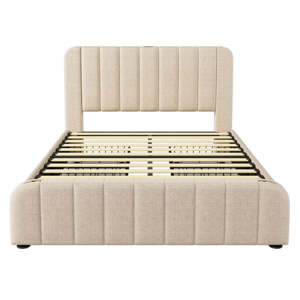 Letto matrimoniale imbottito 140x200 cm beige con 4 cassetti; USB e Type-C