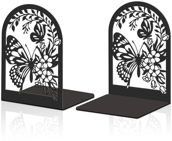 Set di sostegni libri in metallo decorativo - Vlinderdesign - Robusta mensola per libri - Set da 2 - Disegno farfalla - Sostegno libri in metallo nero