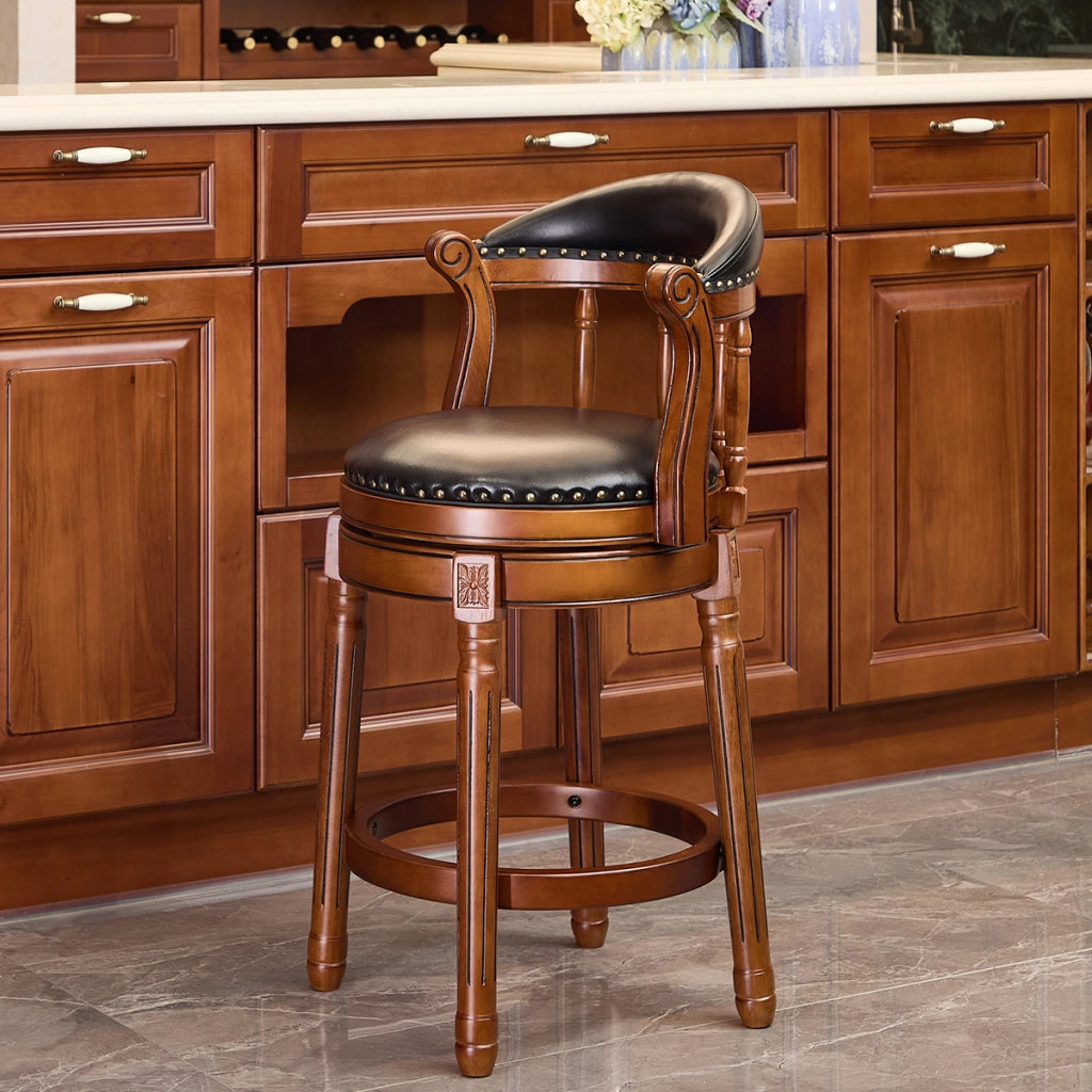 Sgabello da Bar Girevole con Schienale ¨C MINIMAL ¨C Pelle di Vacchetta, Legno, Seduta Alta