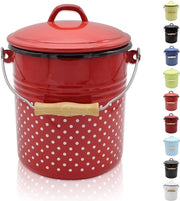 Contenitore di raccolta rifiuti con coperchio, contenitore in acciaio con rivestimento in e-mail e maniglia in legno, superficie resistente a tagli e graffi, duraturo e versatile, 5 litri, rosso-bianco.