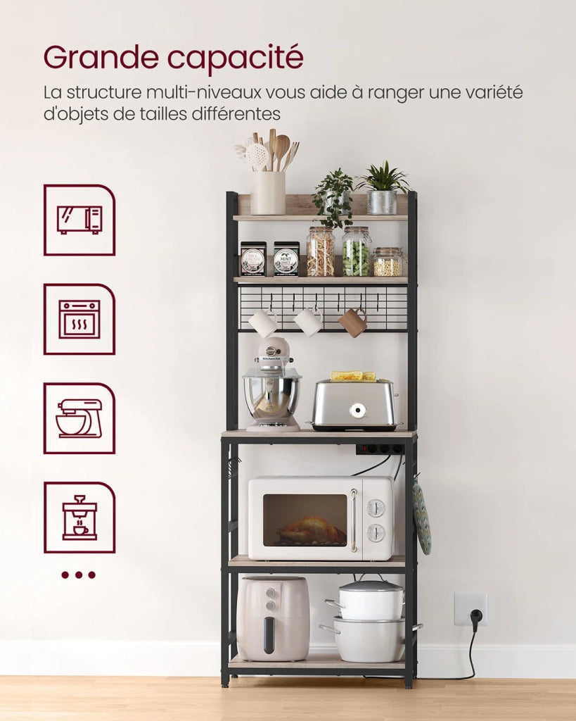 Mensola da cucina con multipresa supporto per microonde ripiano portaoggetti con pannello in rete metallica 14 ganci 40 x 80 x 170 cm marrone 12_0005672